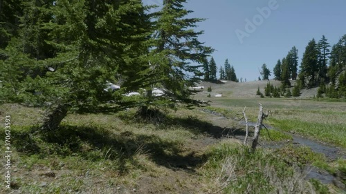 Tracking shot along rugged hiking backpacking trail through snow covered alpine forest evergreen tree landscape near water creek on sunny day blue sky photo