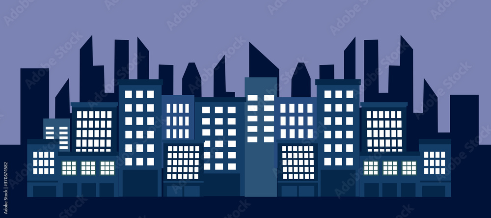 Plakat Night cityscape panorama vector illustration in flat design. City skyline at night.