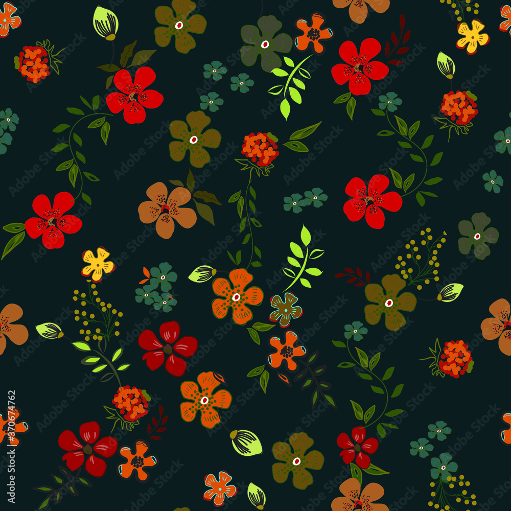 Floral Tropical Hawaiian Flowers Pattern design seamless on blue background. Colorful Flowers Illustration. Repeat Patterns