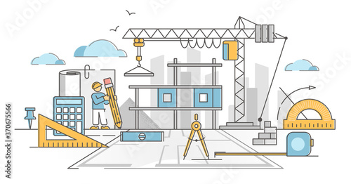 Civil engineering industry tools and symbolic equipment in outline concept