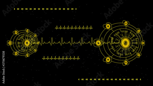 Heart pulse or ekg in monitor for UI Hi-tec interface black and gold  digital technology with glowing particles ,vector illustration.