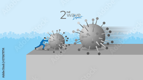 Second wave impact concept. The economic crisis of COVID-19 pandemic. Businessman resists the virus by push it before he falls off the cliff edge while the next bigger wave comes to clash.