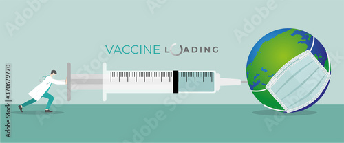 Medical concept.  Doctor inject vaccine to the earth that wears a mask and infect virus by the big syringe.