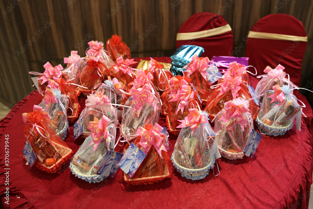 Fototapeta premium Thank you or return gift bags on 1st birthday party