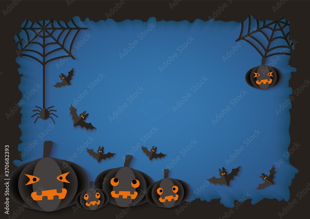 Paper cut origami Halloween background with pumpkins vector illustration.