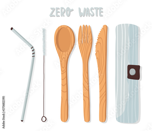 Wooden cutlery set, bamboo crockery, spoon, fork, knife, reusable metal drinking straw and brush in a cotton bag. Zero waste concept. Vector stock graphics. Isolated elements on a white background.