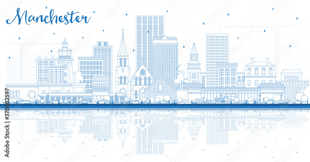 Outline Manchester New Hampshire City Skyline with Blue Buildings and Reflections.