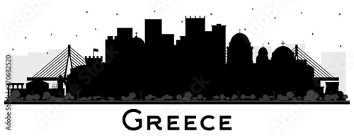 Welcome to Greece City Skyline Silhouette with Black Buildings Isolated on White.