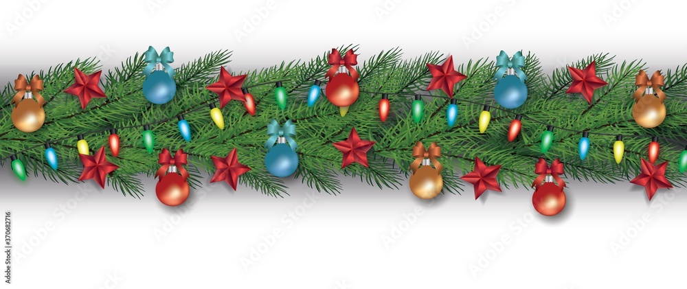 Christmas tree branch border with holiday decorations isolated on white background Christmas tree branch border with holiday decorations isolated on white background