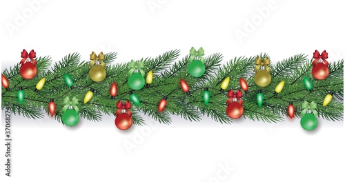Christmas or New Year fir entwined with garlands vector illustration isolated.