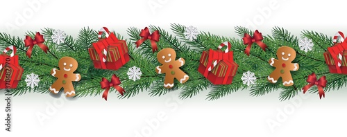 Isolated Christmas border with decorated realistic fir tree branches