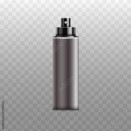 Black perfumed cosmetic spray mock up in a metal or plastic bottle.