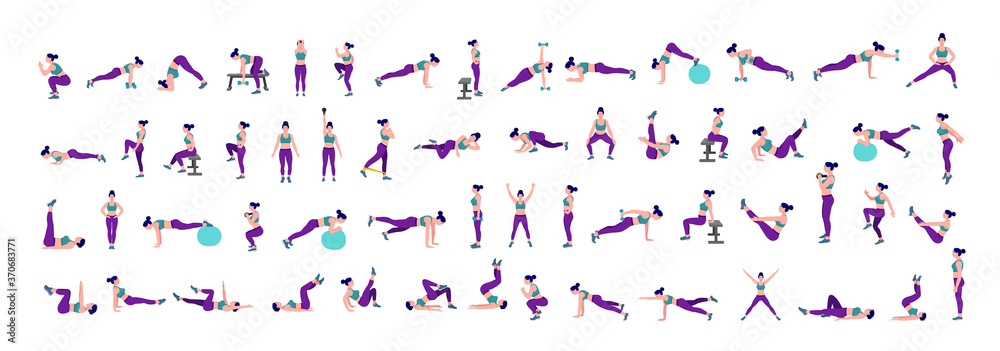 Women Workout Set. women exercise vector set.  Women doing fitness and yoga exercises. Lunges, Pushups, Squats, Dumbbell rows, Burpees, Side planks, Situps, Glute bridge, Leg Raise, Russian Twist .etc