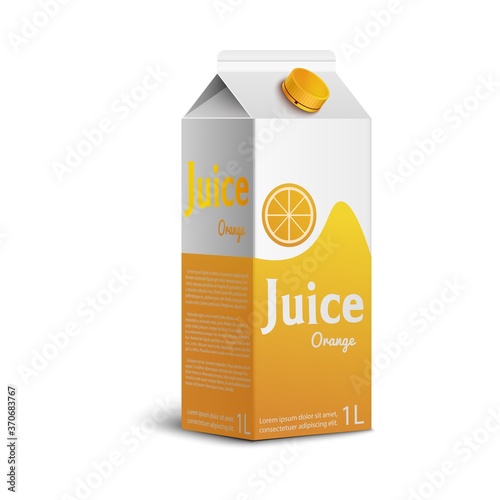 Realistic orange juice box mockup with colorful branding isolated on white background