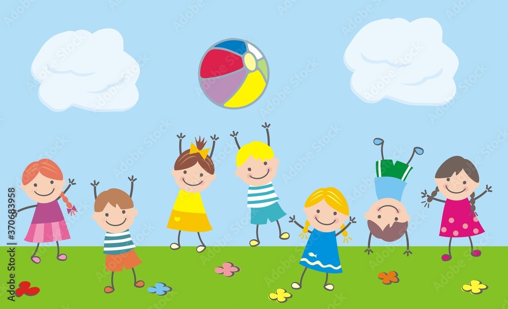 Jumping kids on meadow, funny illustration, vector illustration