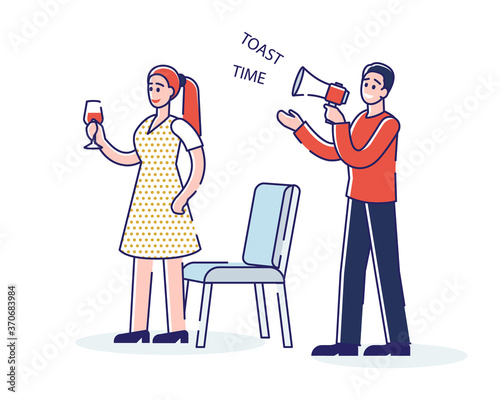 Toast time during celebration event. Anniversary or wedding party host asking people for toasting