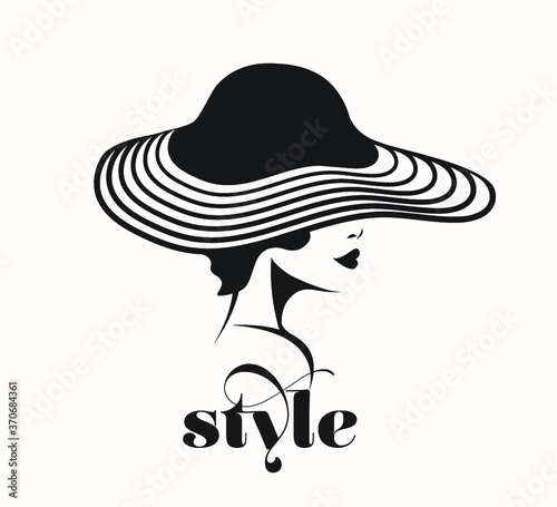 Woman with elegant makeup and hairstyle.Large brim sun hat.Fashion, style and beauty illustration.Young lady.Attractive female portrait.Profile view face.Accessory design.