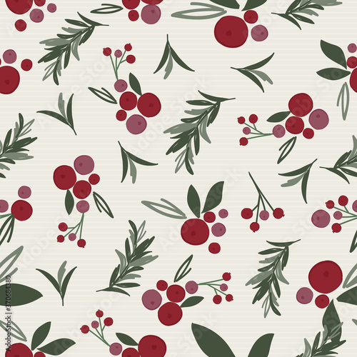 Seamless Christmas berries and holly leaf with red and green color on white background