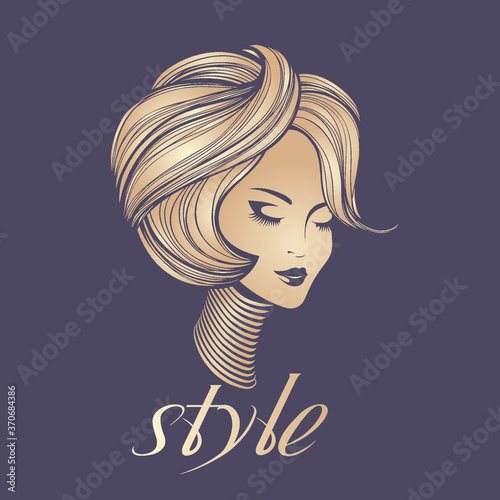 Woman with wavy hairstyle and elegant makeup.Beauty salon, hairdresser studio, cosmetics and spa logo.Blonde hair young lady.Attractive female portrait.Cute smiling face.Shiny golden collar.