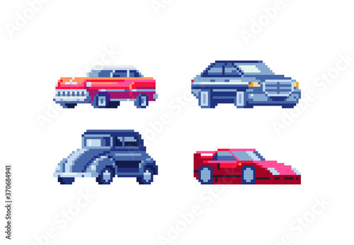 Vehicles car, Transport icons pixel art 8-bit red sport car isolated  abstract vector illustration design for stickers, embroidery, mobile app, logo transport company. Game assets. 
