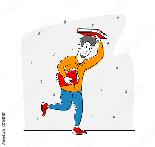 Drenched Male Passerby Running at Rain without Umbrella, Man Covering Head with Book from Cold Water Pouring from Sky