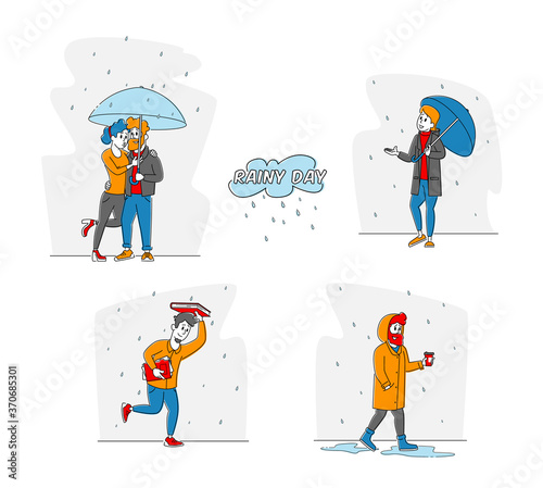Wet People at Rainy Autumn or Spring Weather Day. Happy Drenched Passerby Characters Wearing Cloaks with Umbrellas