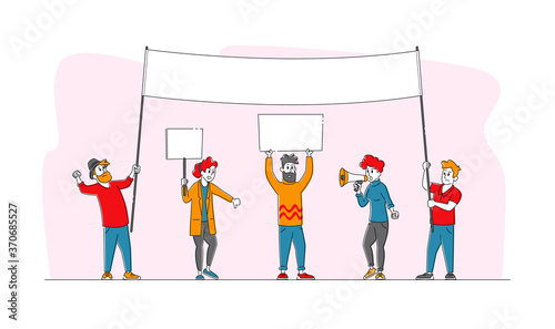 Angry People with Placards on Rally Demonstration, Strike. Male and Female Characters Holding Empty Placards and Banners