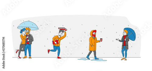 Wet Rainy Autumn or Spring Day, Weather. Happy Drenched Passerby Characters Wearing Cloaks with Umbrellas Walk in Rain