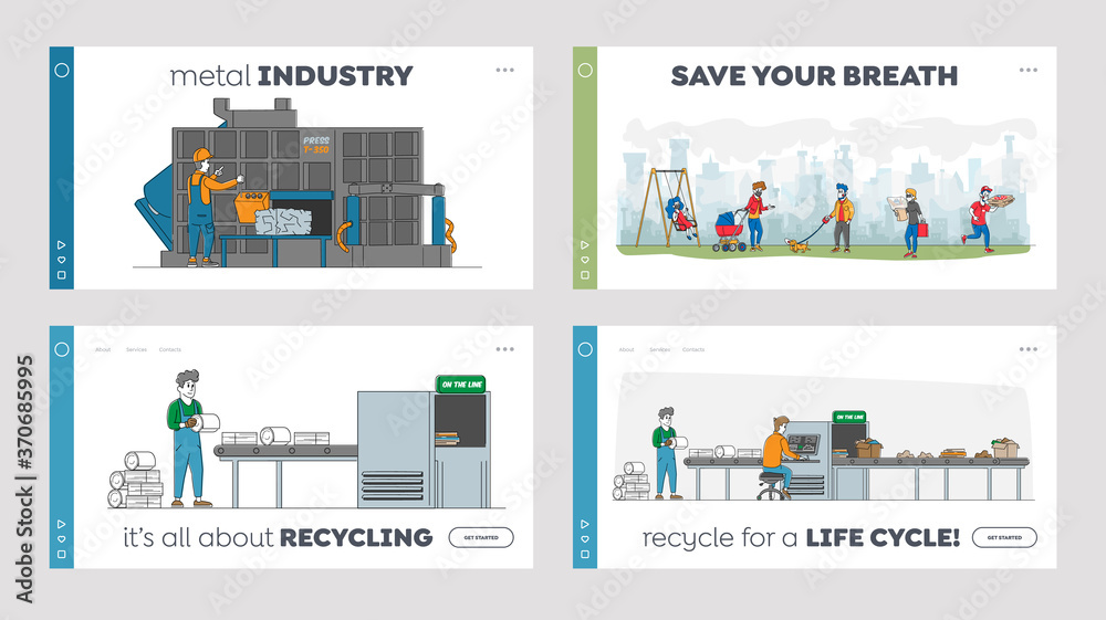Recycling Iron Rubbish Landing Page Template Set. Workers Control Machine Pressing Used Scrap Metal, ReusePld Junk