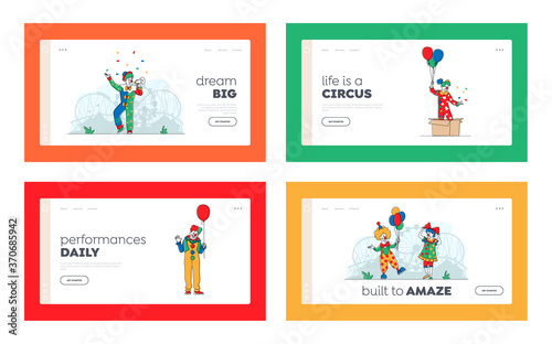 Big Top Circus Clowns Landing Page Template Set. Funsters or Jesters in Bright Costumes Performing Show on Stage photo