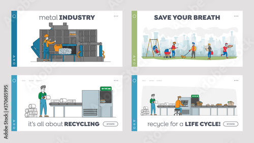 Recycling Iron Rubbish Landing Page Template Set. Workers Control Machine Pressing Used Scrap Metal, ReusePld Junk