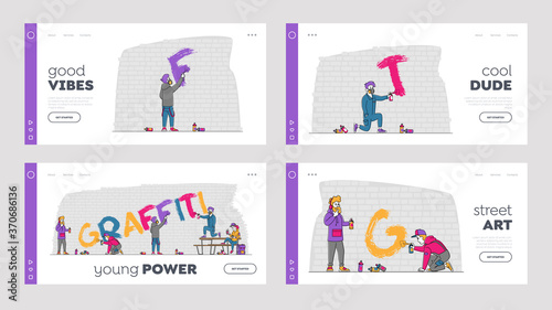 Street Artist Characters Painting Graffiti on Brick Wall Landing Page Template Set. Young People Creative Hobby Activity