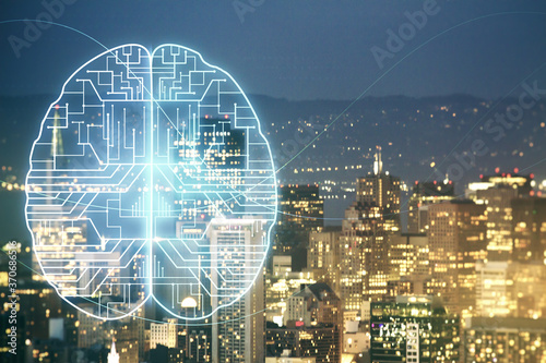 Double exposure of creative human brain microcircuit hologram on San Francisco office buildings background. Future technology and AI concept
