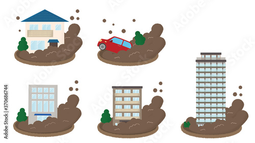 土砂災害に遭う住宅・自動車のベクターイラスト