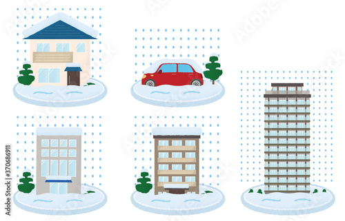 大雪の被害に遭う住宅・自動車のベクターイラスト