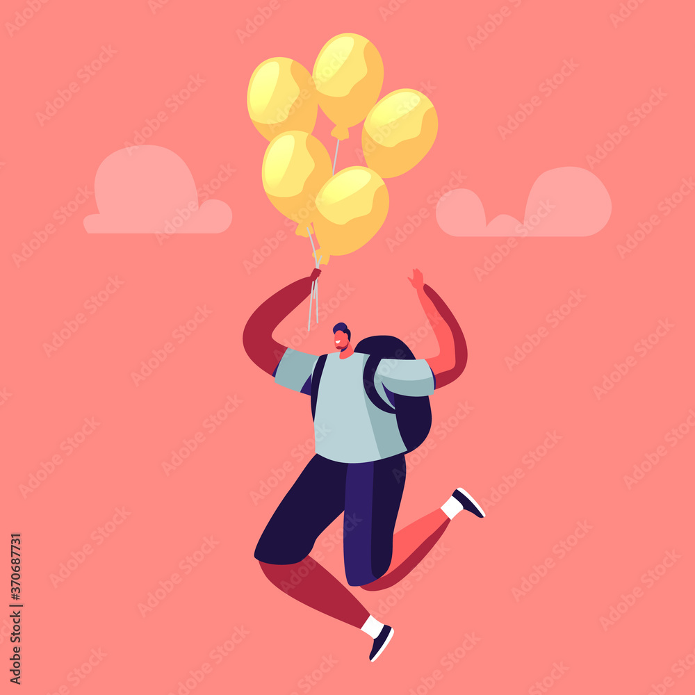 Male Character with Backpack Flying on Air Balloon in Air. Escape from Golden Cage. Man Career Growth or Crisis Escaping Male Character with Backpack Flying on Air Balloon in Air. Escape from Golden Cage. Man Career Growth or Crisis Escaping