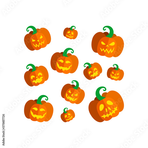 Carved pumpkins for Halloween party. Square print with spooky Halloween pumpkins. Vector illustration in flat style