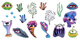 Watercolor hand painted undersea shellfish and seaweed set on white background