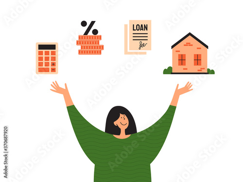 Stages of mortgage and calculating rate concept. Young woman planning buy house and showing or looking to way loan. Process of home mortgage. Happy girl holding dream in hands. Ad, vector illustration