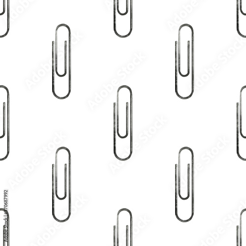 Seamless pattern of hand drawn gem paper clip isolated on white. Metal device to hold and fasten sheets of paper. Backdrop with bended steel wire for school, office and hobby. Elements of stationery.