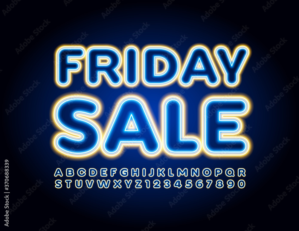 Fototapeta premium Vector promotion banner Friday Sale. Neon Yellow and Blue Font. Glowing Alphabet Letters and Numbers