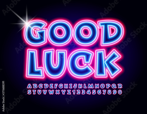 Vector greeting card Good Luck. Neon bright Font. Glowing funny Alphabet Letters and Numbers