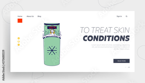 Female Visit Cryotherapy Procedure for Skincare Treatment Landing Page Template. Woman Applying Cryo Physiotherapy