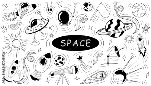 Cartoon hand-drawn doodles on the subject of space style theme pattern. Vector background