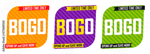 Set BOGO tags, sale banners design template, discount badge collection, vector illustration