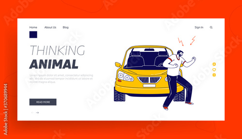 Car Accident on Road, Driver Conflict Landing Page Template. Angry Man Arguing and Prepare to Fight Standing on Roadside