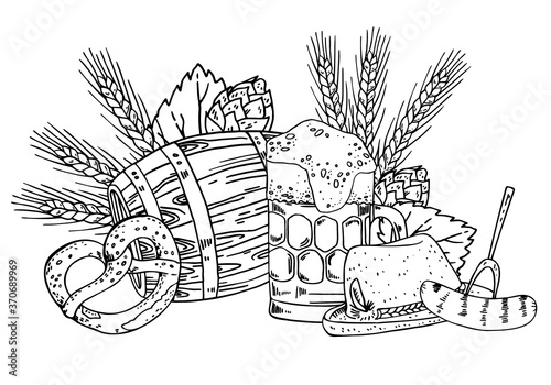 Oktoberfest composition. Beer mug, food, hat and cask with hop and wheat plants on the background. Hand drawn outline vector sketch illustration on white background