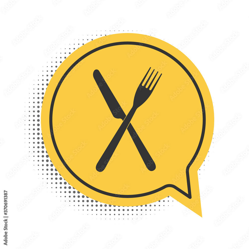 Black Crossed fork and knife icon isolated on white background. Restaurant icon. Yellow speech bubble symbol. Vector. Black Crossed fork and knife icon isolated on white background. Restaurant icon. Yellow speech bubble symbol. Vector.