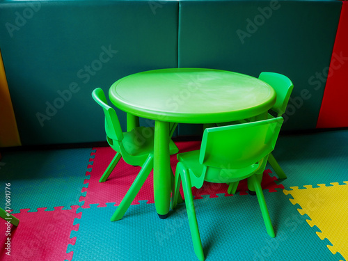 Desk chair playground, playroom with plastic educational, preschoolers kindergarten.