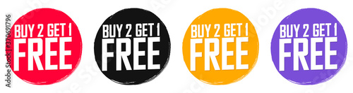 Buy 2 Get 1 Free tags, set sale banners design template, grunge brush collection, limited time discount, app icons, vector illustration